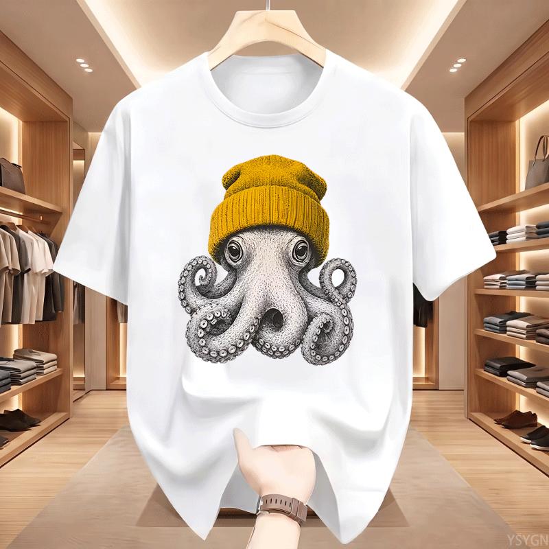 Cute Octopus Beanie T Shirt Ocean Animal Tshirt Vintage Octopus Tees Casual Round Neck Printed Cotton Short Sleeve Tshirts Tops