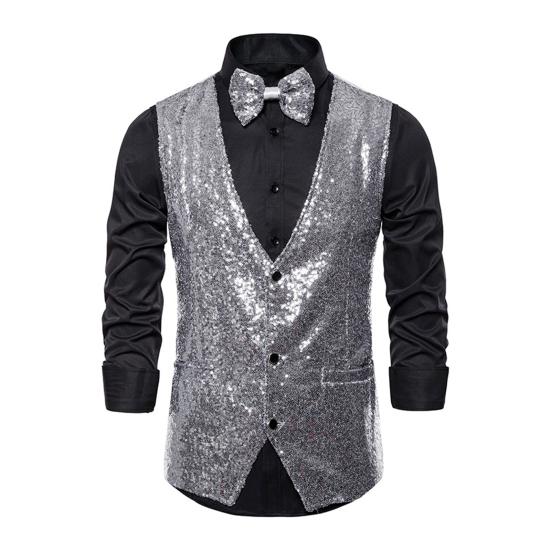 Men Suit Vest V-Neck Sleeveless Single Breasted Stage Show Waistcoat with Pockets Slim Fit Shiny Sequins Bow Tie Weddings Proms Vest