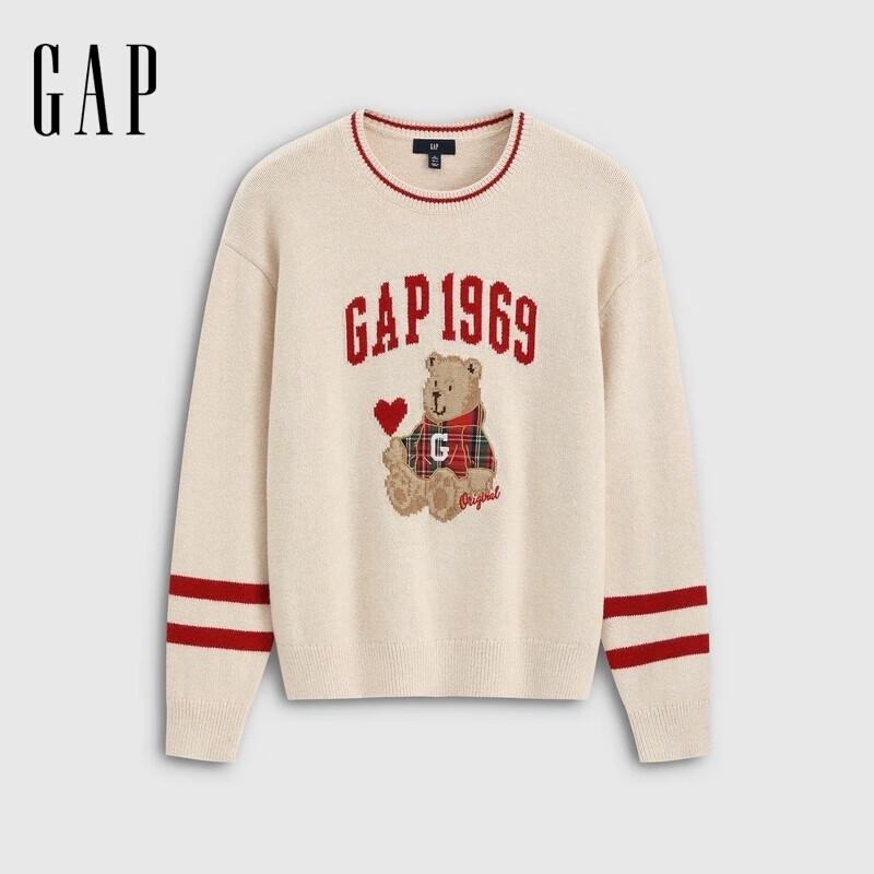 GAP Women's Logo Bear Intarsia Knit Loose Round Neck Sweater