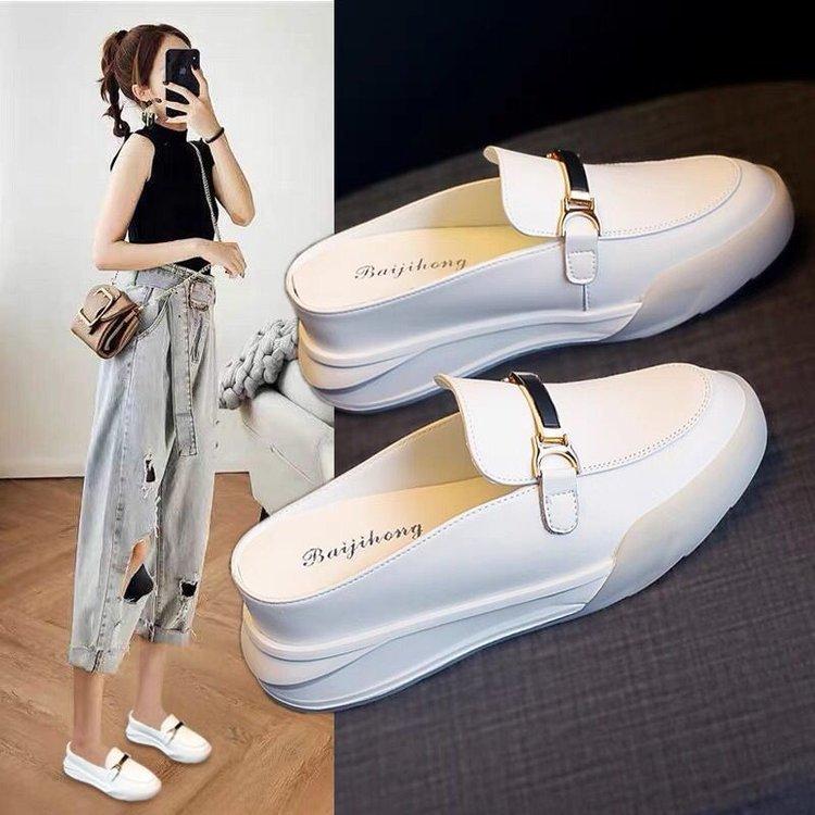 Women's Mules Shoes for Women  Platform Fashion Leather Designer White Comfortable Slippers and Sandals Elegant Heel Shoe