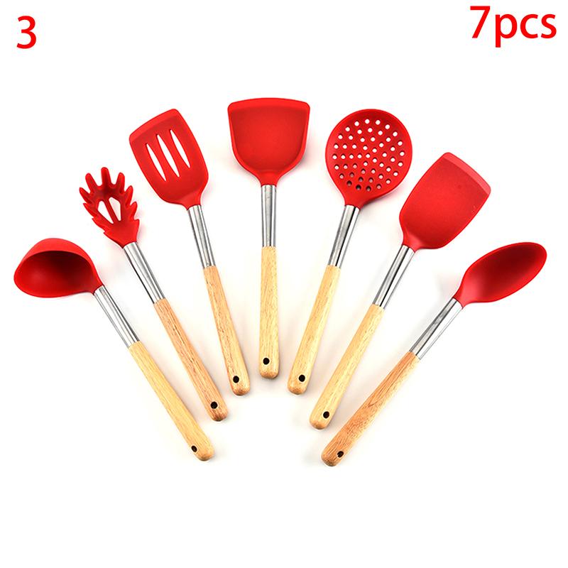 Silicone Kitchenware Non-Stick Heat-Resistant Cookware Kitchen Utensils Set Spatula Shovel Spoon Wooden Handle Cooking Tool Set