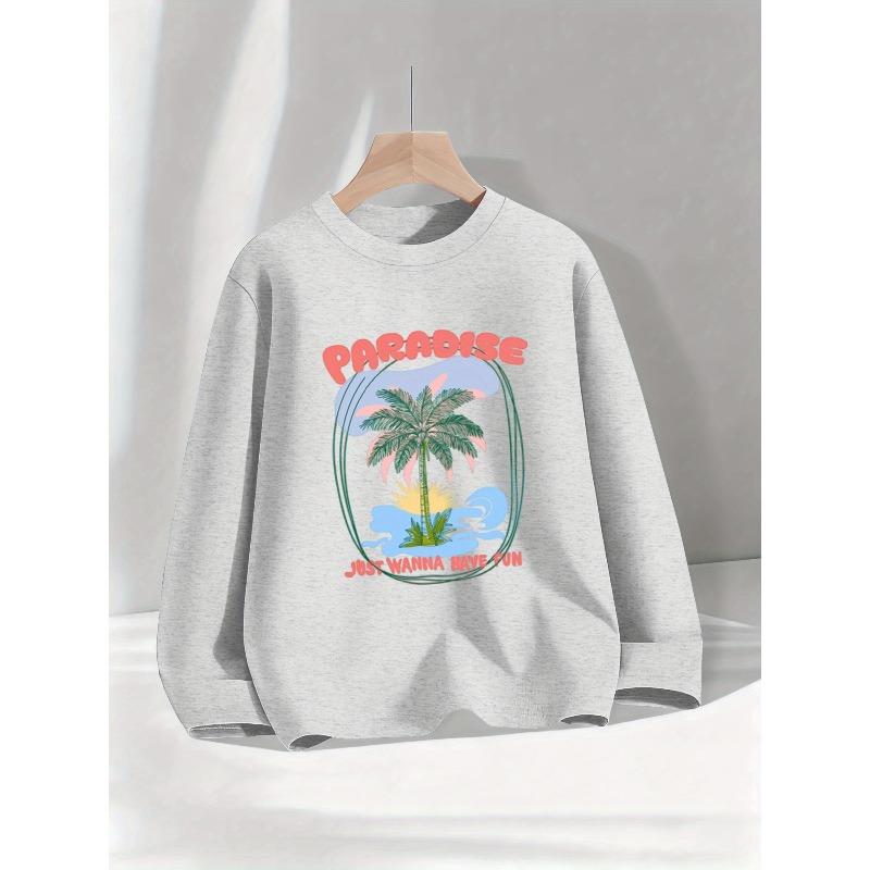 Kids Sweatshirt with Tropical Palm Tree & Beach Print - Soft Round Neck Casual Shirt for Kids, Spring/Autumn Outfits (Hand Washable)