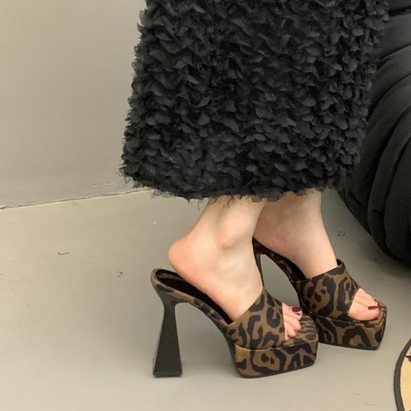 

Fashion Super High Heels Slippers Summer New Square Head Waterproof Platform Leopard Print Anti-slip Wear-resistant High Heels 40 цветной печати леопарда