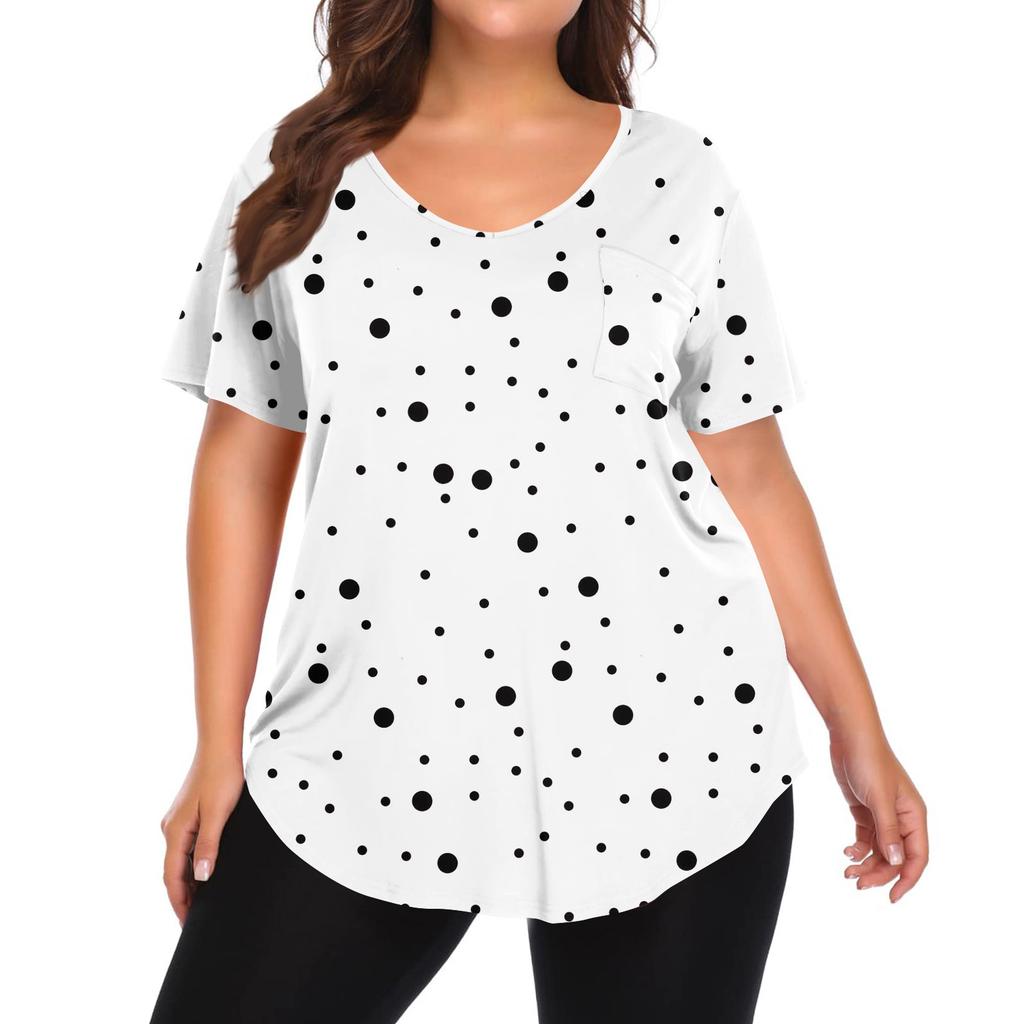 Women's Printing Large Size V-neck Top Loose Pocket T-shirt