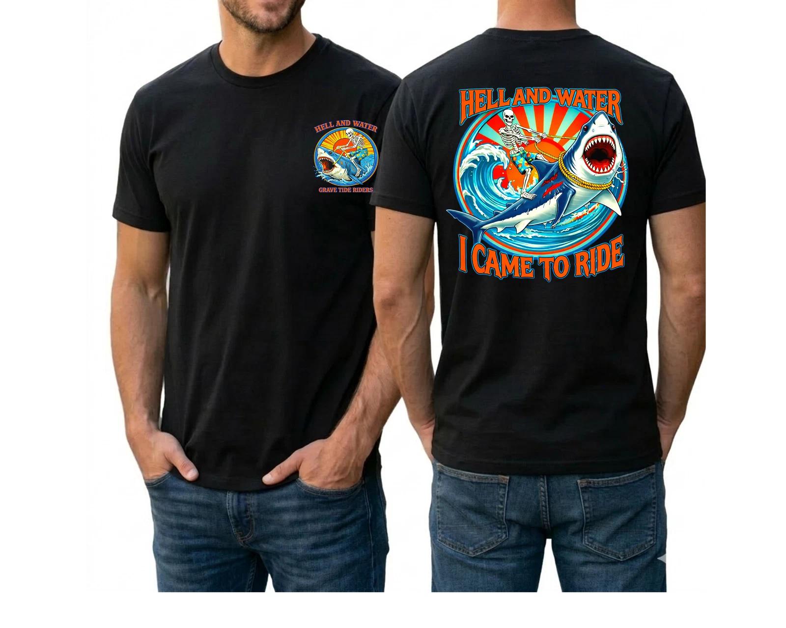 

Great White Shark 3D Skeleton Surfing, Hell & Water, I Came To Ride, Graphic Tee 150