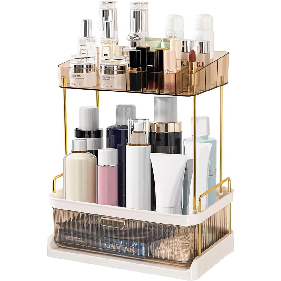 

Двухуровневая полка для хранения средств по уходу за кожей, органайзер для ванной комнаты, большой органайзер для ухода за кожей с выдвижными ящиками для туалетного столика, органайзер на столешнице для макияжа, поднос для духов
