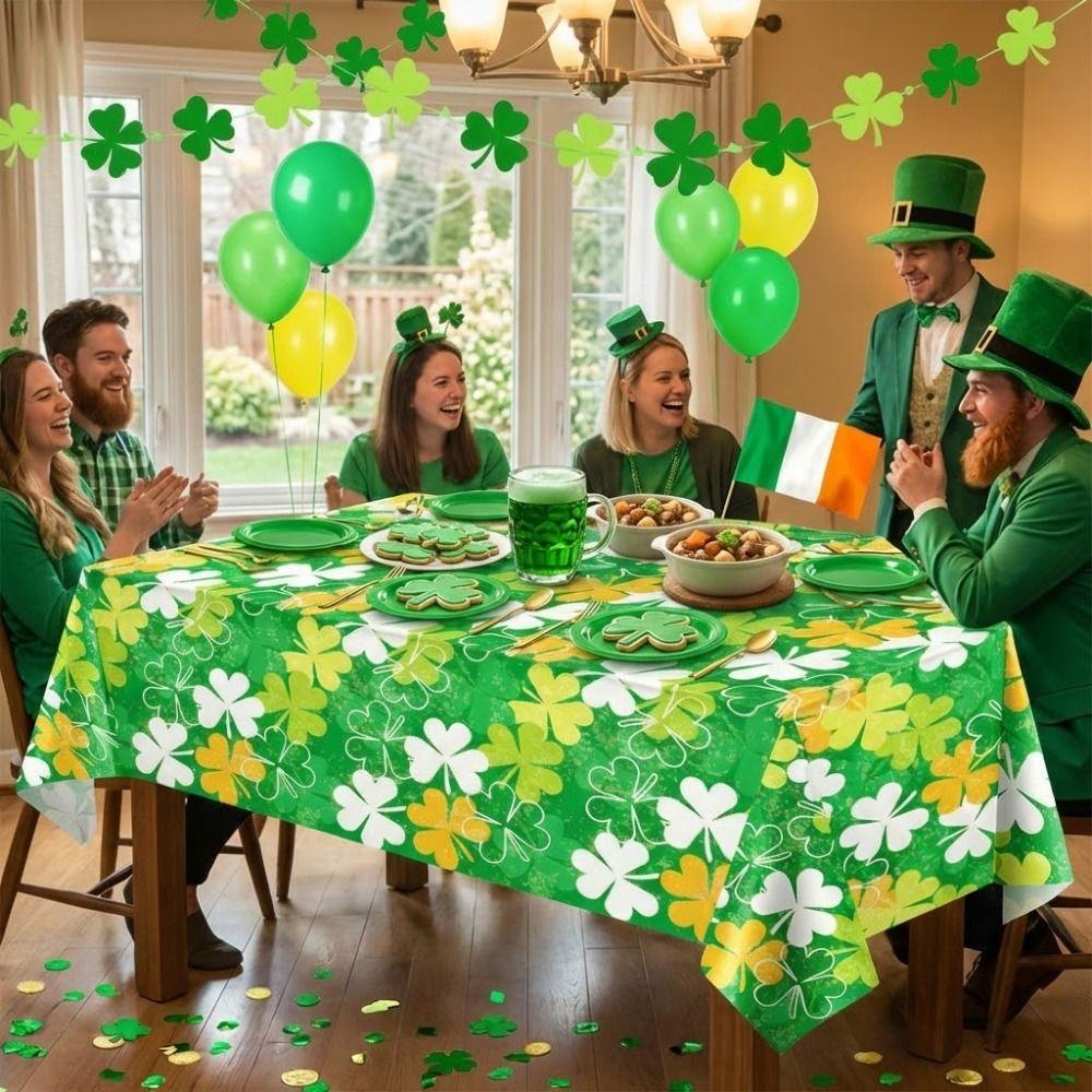 137x274cm St. Patrick's Day Tablecloth Shamrock Lucky Table Mat Plastics Rectangle Shape Long Dining Table Decor