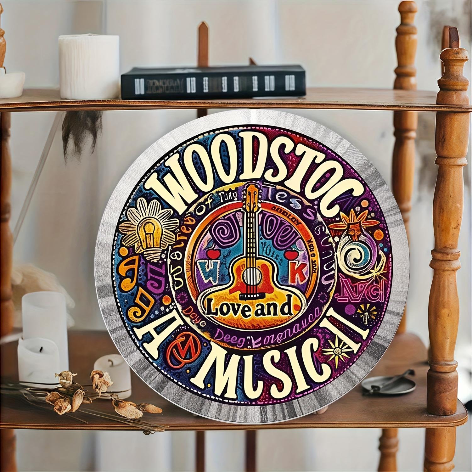 

Vintage Woodstock Music Festival Themed Round Metal Tin Sign Retro Guitar Love Wall Decor Art Plaque 20x20cm(8x8inch)