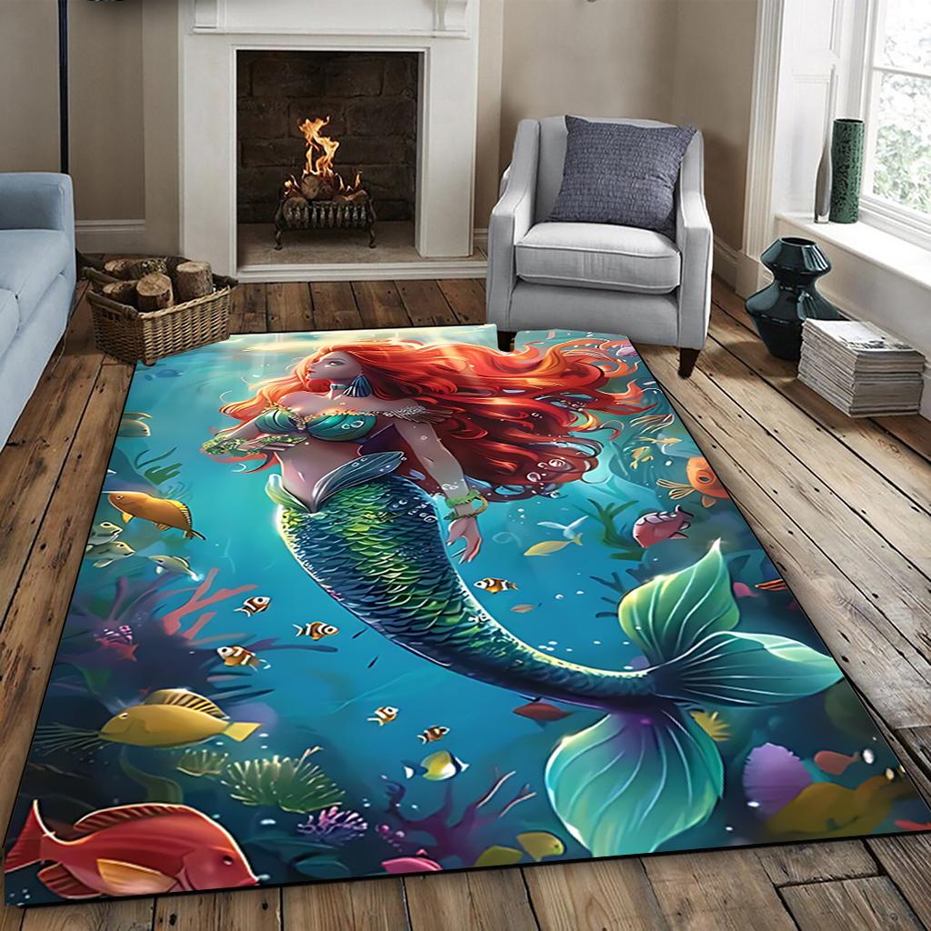Mermaid Rug - Washable Polyester Mat, Machine Made, Suitable for Living Room, Bedroom, Indoor Use, Camping, Outdoor Decoration