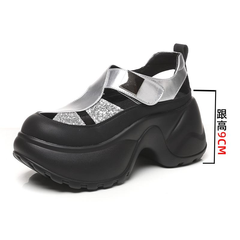 

Fashion 9CM Bling Genuine Synthetic Leather Platform 2025 Wedge Hook Summer Hollow Sandals Flat Women Slippers Pumps Fashion Shoes 40 серебряный