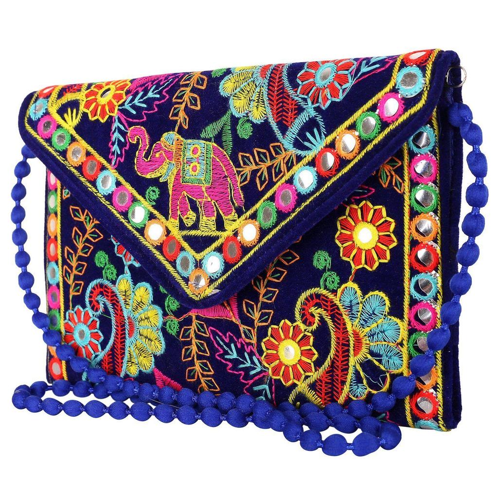 Clutch Bags for Women Handmade Embroidery Mirror Work Stylish Sling Bags for Women Cross Body Bags for Ladies and Girls - 22X16 Cm