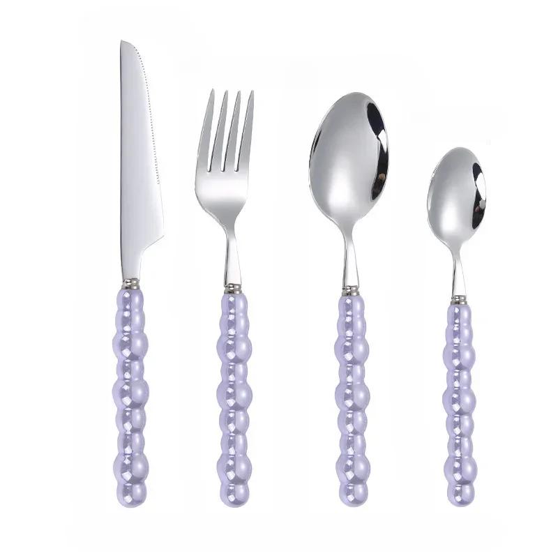 4Pcs Gold Dinnerware Set Stainless Steel Cutlery Knife Tea Fork Coffee Spoon Pearl Ceramic Handle Flatware Utensils for Kitchen