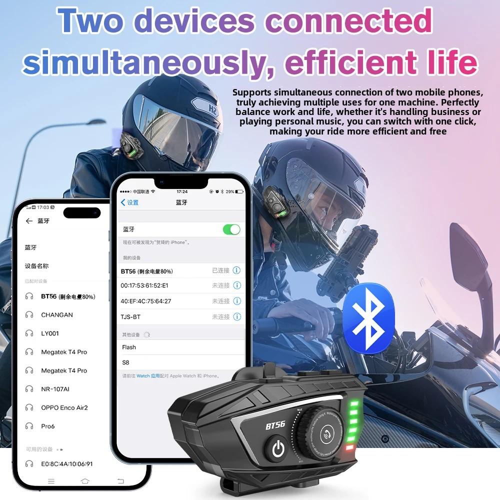BT56 Motorcycle Helmet Bluetooth Headset BT5.4 Handsfree Call Wireless Noise Reduction Waterproof Headphone with RGB Light