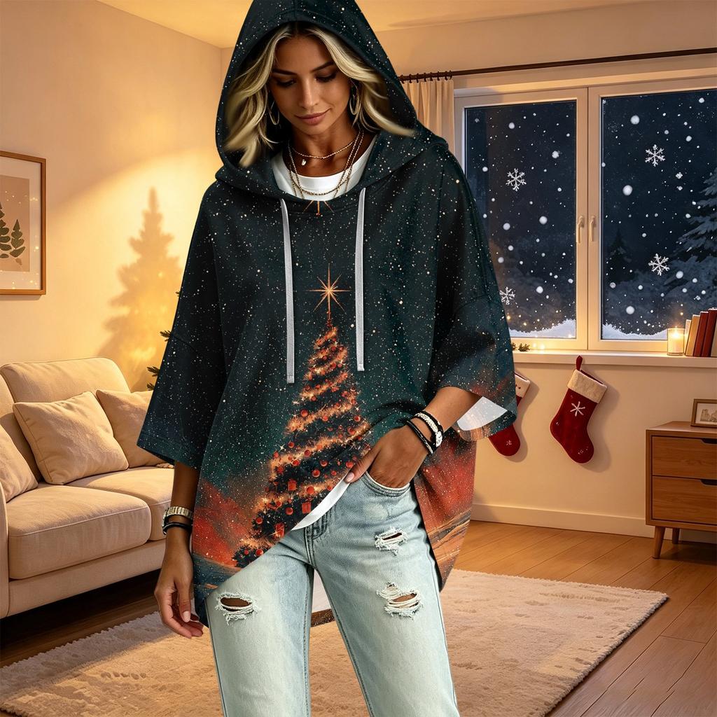 Damen Christmas Print Pullover mit Kapuze und Dreiviertelärm