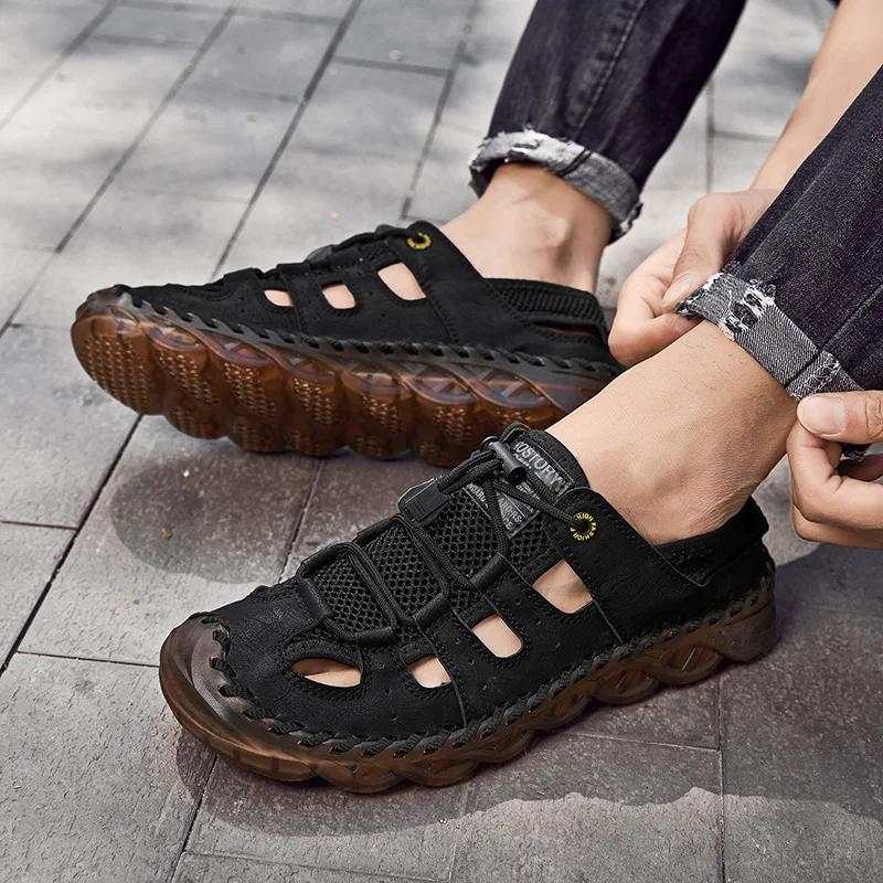 2024 Summer Sandals Men Breathable Leather Shoes Man Waterproof Outdoor Men Sandals Antiskid Beach Sandals  Shoes