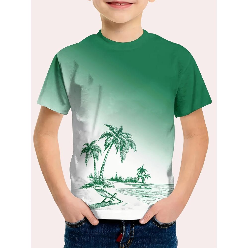 

Boys tropical palm tree printed T-shirt, summer lightweight breathable short sleeved round neck T-shirt, casual beach and outdoor play, beach T-shirt 140