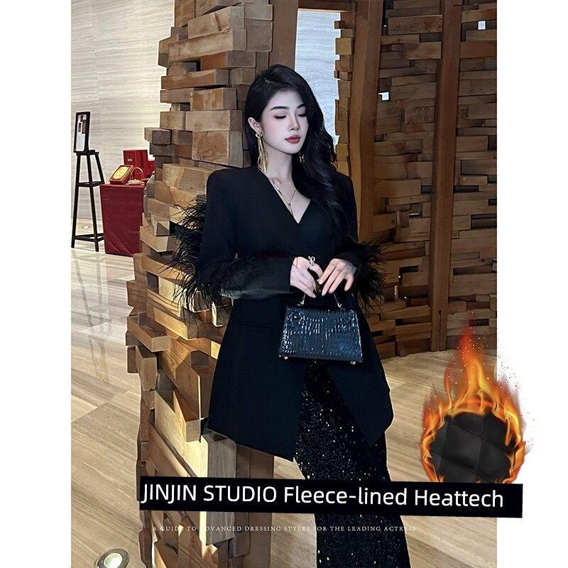 

MD Entering Original [European and American Beauty Bloggers] 2025 Early Spring New Products Heavy Industry Fashion Stylish Feather Suit Outwear