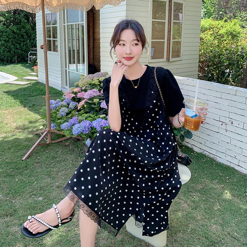 

Летнее черное платье в горошек 2024 года из двух частей — корейский стиль, свободный и облегающий крой, милая длинная юбка для женщин Extra Large