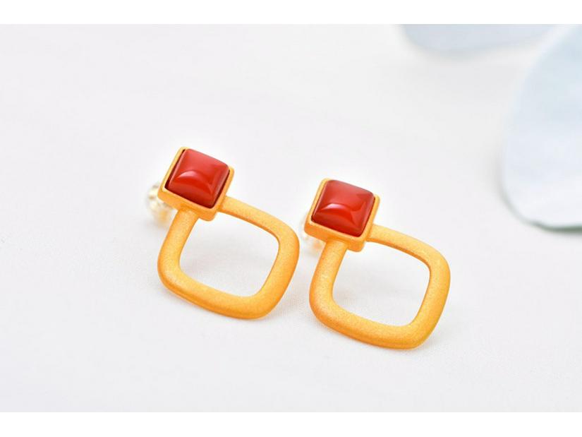 Gold-Plated Square Hollow 925 Sterling Silver Earrings with Southern Red Agate and Certificate for Women