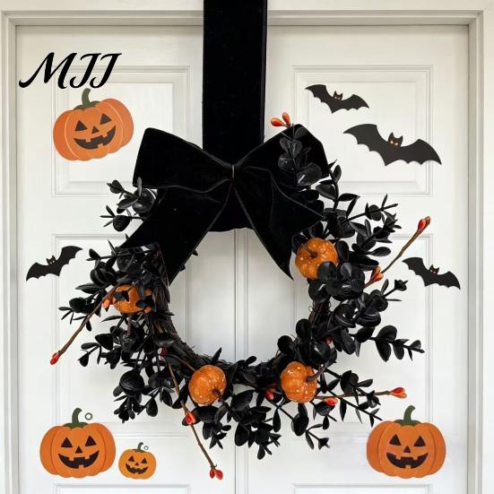 Halloween Shop Window Decor Wreath for Front Door, 9 Inch Pumpkin with Black Berry Velvet Bow Home Porch Holiday Party