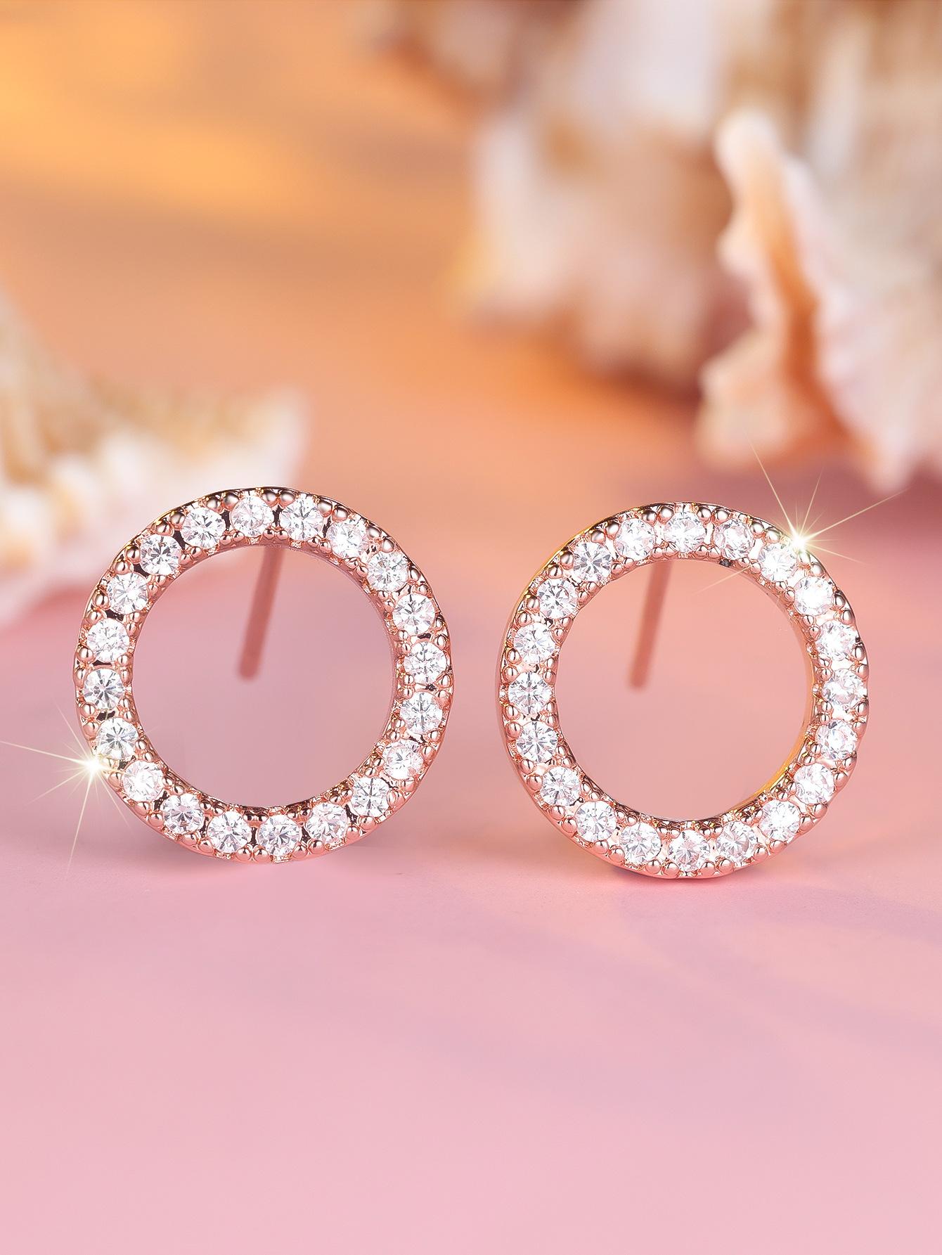 Popular rose gold hollow zircon round stud earrings, minimalist basic exquisite and small earrings