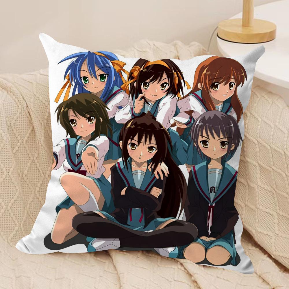 The Melancholy of Haruhi Suzumiya Cushion Cover Soft Plush Fabric Double-Sided Printed Sofa Cushion Cover for All Seasons Decor