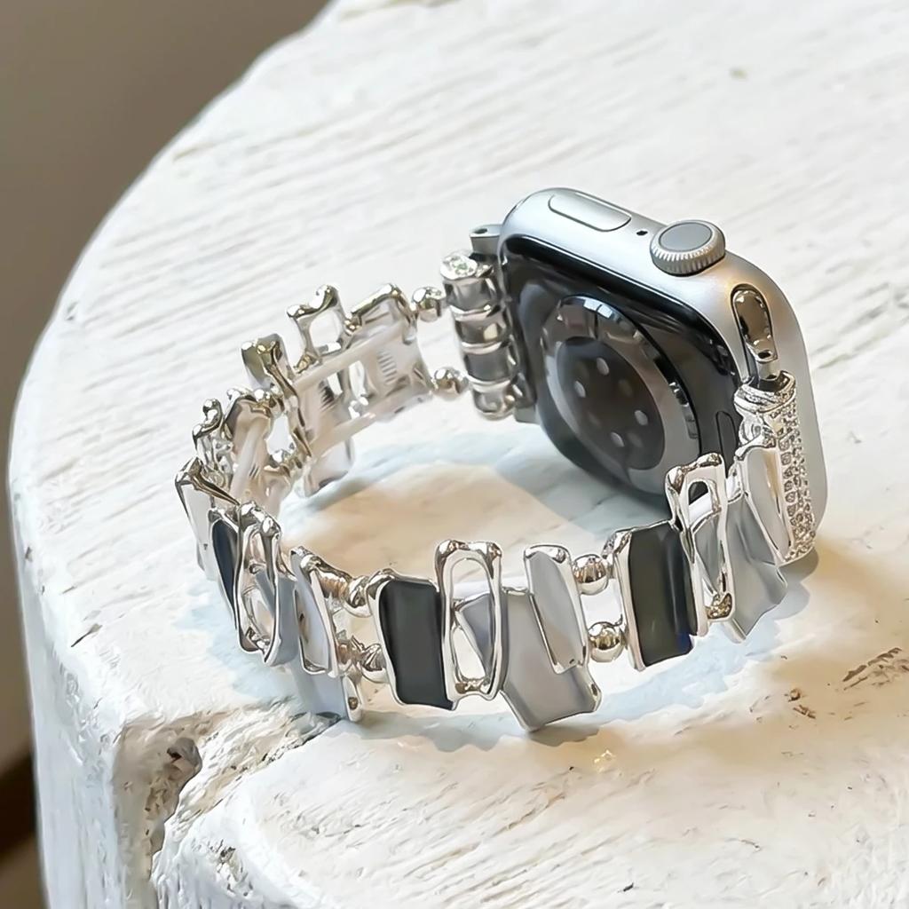 For Apple Watch band Series Ultra 11/10/9/8/7/6/5/4/3/2/1 SE 40/42/46/45/44mmBracelet Stylish Stone Metal Link Elastic Watchband