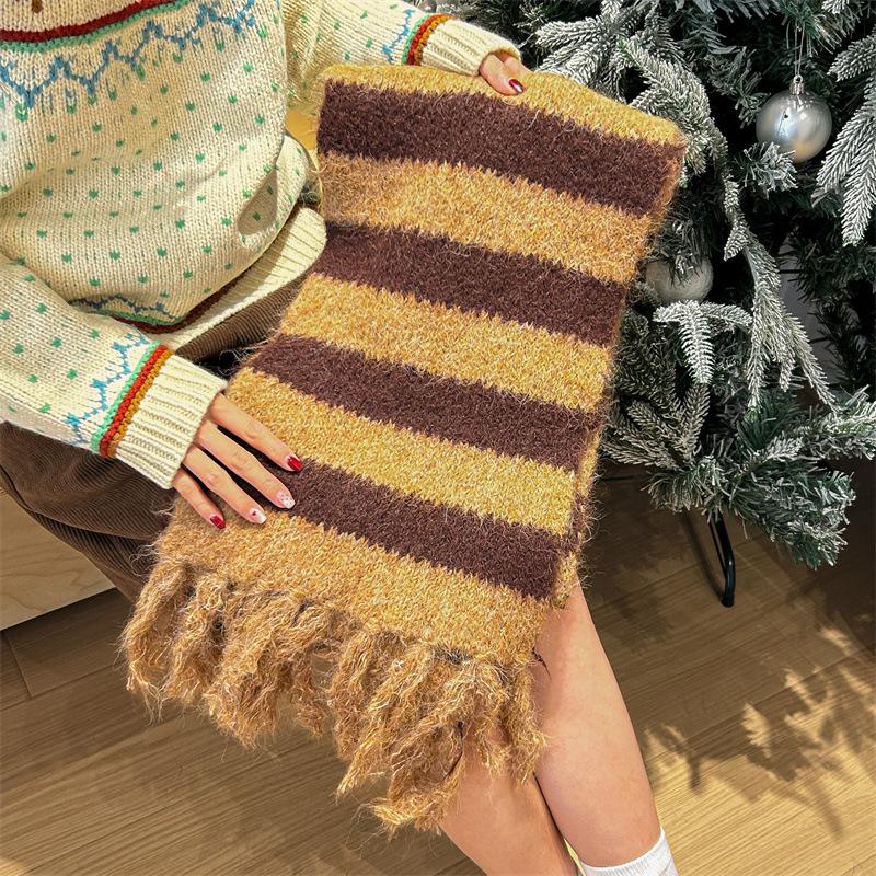 

Вязаный шарф в полоску с цветными блоками для женщин зимой с чувством роскоши, модной атмосферой, теплым шарфом с кисточками 26*190cm