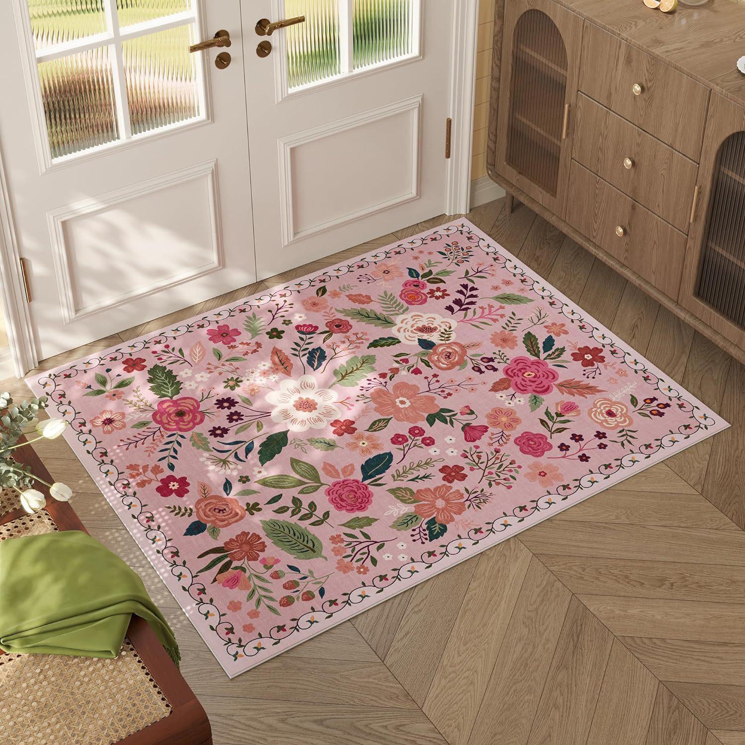

Vintage Floral Faux Cashmere Washable Back Rug Washable Non-Slip Cloakroom Bedroom Sofa Living Room Rug Home Decoration 40X60CM (1.3X2FT
