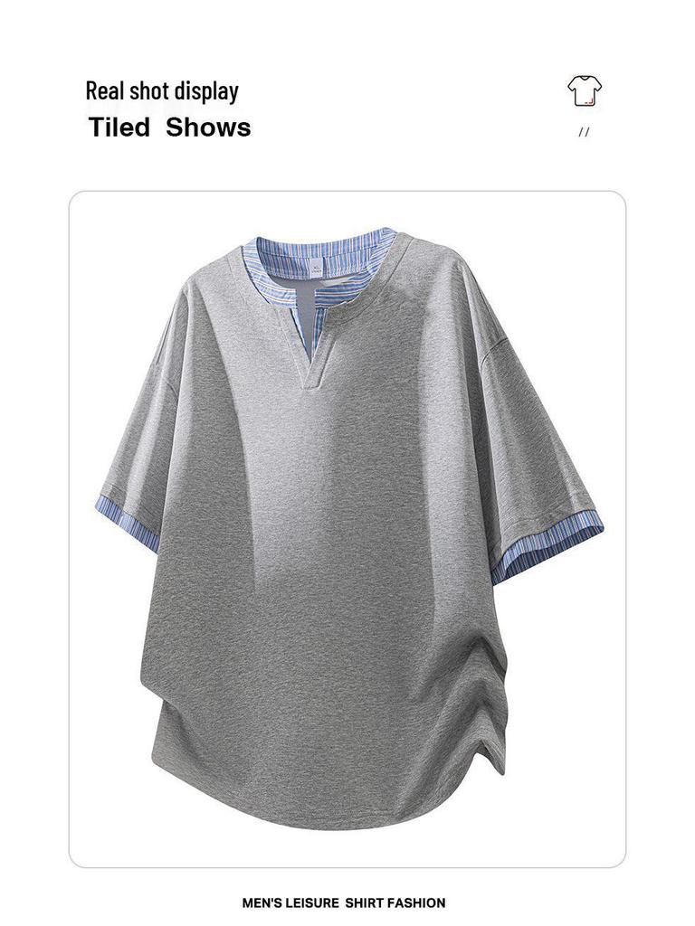 Men's Summer V-Neck Japanese Style Striped Two-Piece Look Shirt