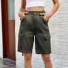 Women's Fashionable Workwear Shorts Solid Color Pocket Button Elastic Waist Casual Five Quarter Pants