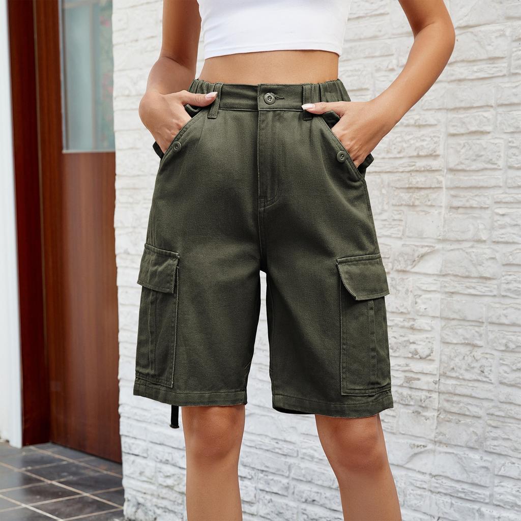 Women's Fashionable Workwear Shorts Solid Color Pocket Button Elastic Waist Casual Five Quarter Pants