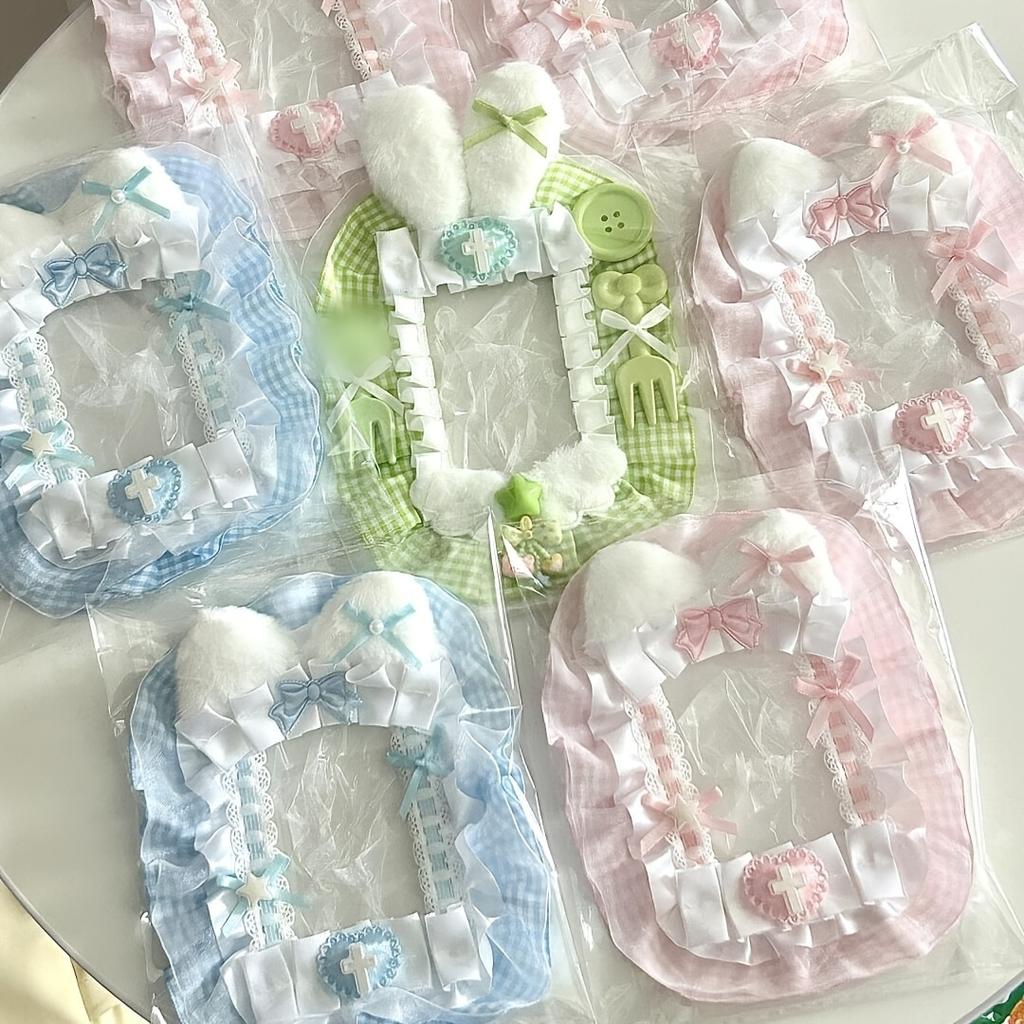 Charming Handmade Plush Rabbit Ears & Pink Lace Photo Card Holder - Canvas, Perfect for Daily Office Use