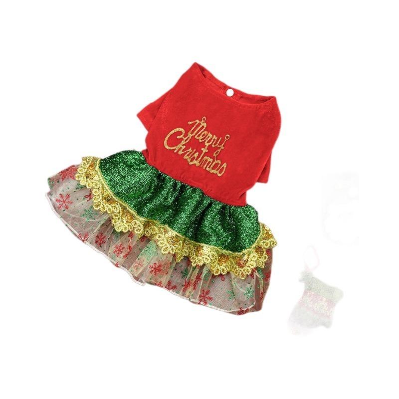 Merry Christmas Print Fine Sequined Mesh Dress Pet Clothes Colorful Princess Skirt Christmas Party Costume Dog Cosplay Clothes