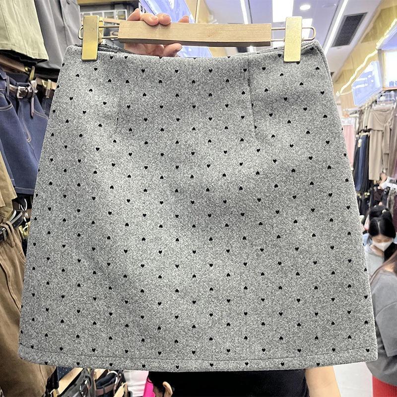 Korean Style Gray Woolen Skirt Winter High Waist A Line Skirt Women Fashion