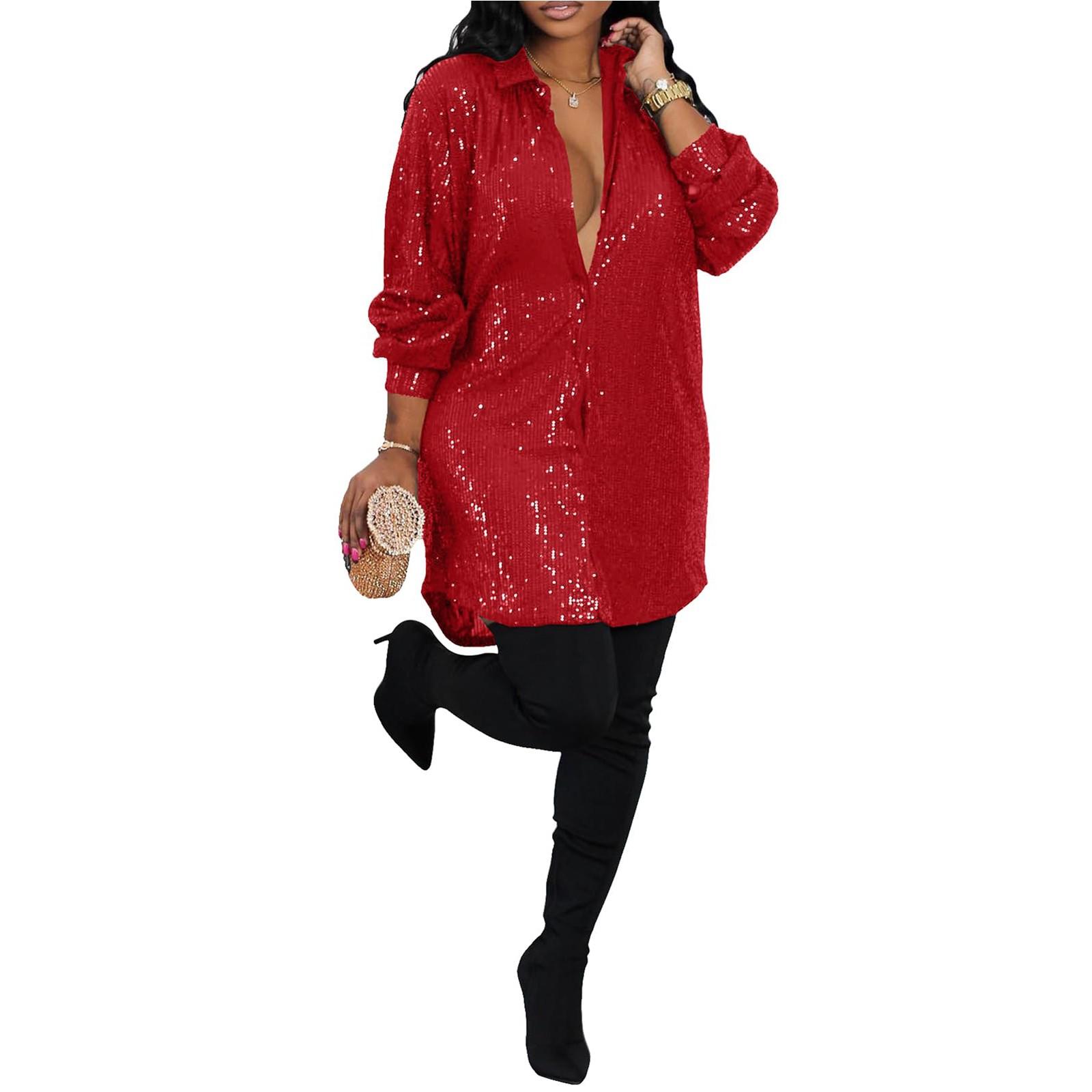 

Женское свободное платье-рубашка на пуговицах с пайетками и длинными рукавами для вечеринок и клубов S красный