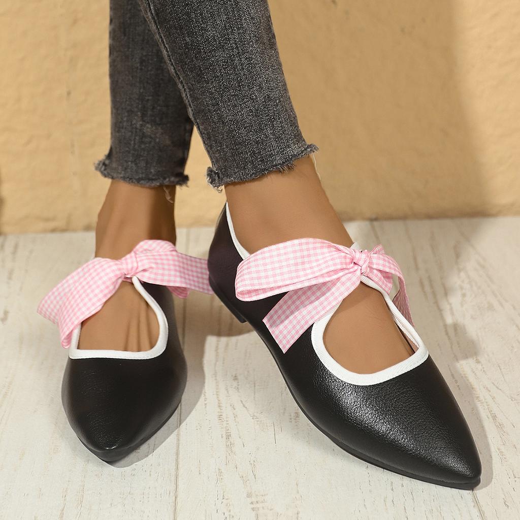 Plus-size Flat Shoes for Women Pointy Shallow Front Lace-up Butterfly Knot Soft Sole Non-slip Low Top Shoes