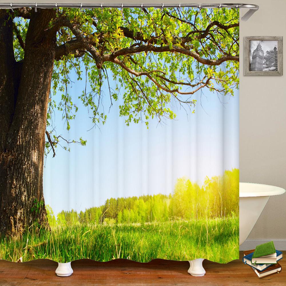 Forest Landscape Shower Curtain Garden 3D Green Plant Tree Natural Scenery Waterproof Polyester Bathroom Curtain Home Decor
