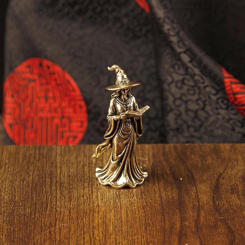 Retro Brass Magic Witch Mini Figurine Handcrafted Desktop Ornament Cute Home Decor for Living Room Bedroom Witchy Gift