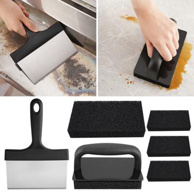 Grill Scraper Set Food Scraper with Sponges Heavy Duty Stainless Steel Griddle Cleaning Kit Flat Top Cleaner Tool for BBQ Kitchen