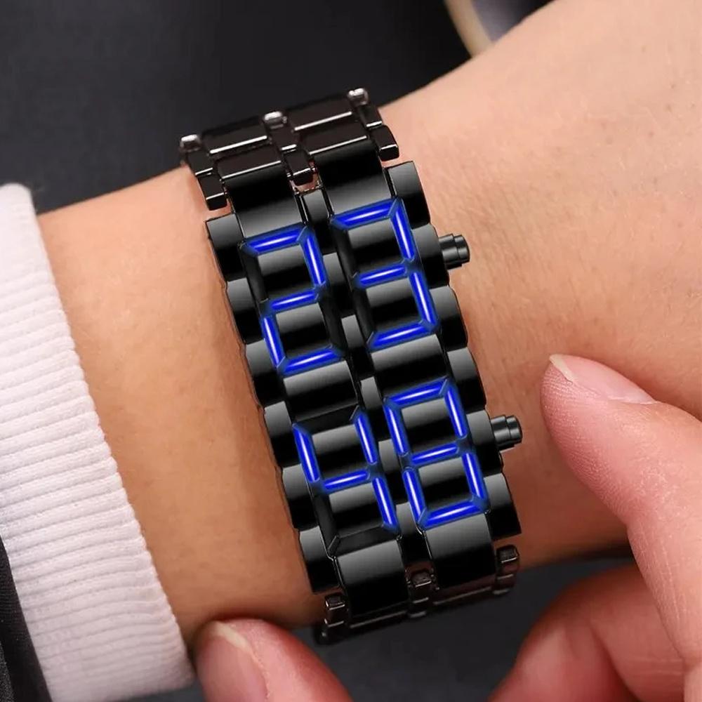 4PCS Watch Necklace Set Fashion All Stainless Steel Digital Lava Watch Blue LED Display Men's Watch Bracelet Men's Gift Sport Creative Clock