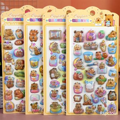 4pcs Laser Cute Cartoon Capybara 3D Relief Stickers Kawaii Animals Sticker DIY Scrapbook Phone Laptop Reward Decals Decoration
