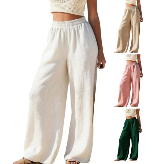 Women Trousers Elastic High Waist Straight Wide Leg Long Pants Pure Color Loose Fit Summer Casual Trousers Daily Wear