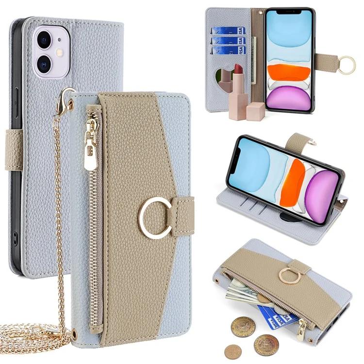 

For iPhone 11 Wallet Case PU Leather Phone Cover Card Bag Stand with Shoulder Strap
