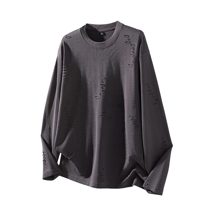 

Осень Новая Модная Марка Футболка с Длинным Рукавом Мужская Индивидуальность Рваный Уличный Модный Топ Футболка 4XL темно-серого