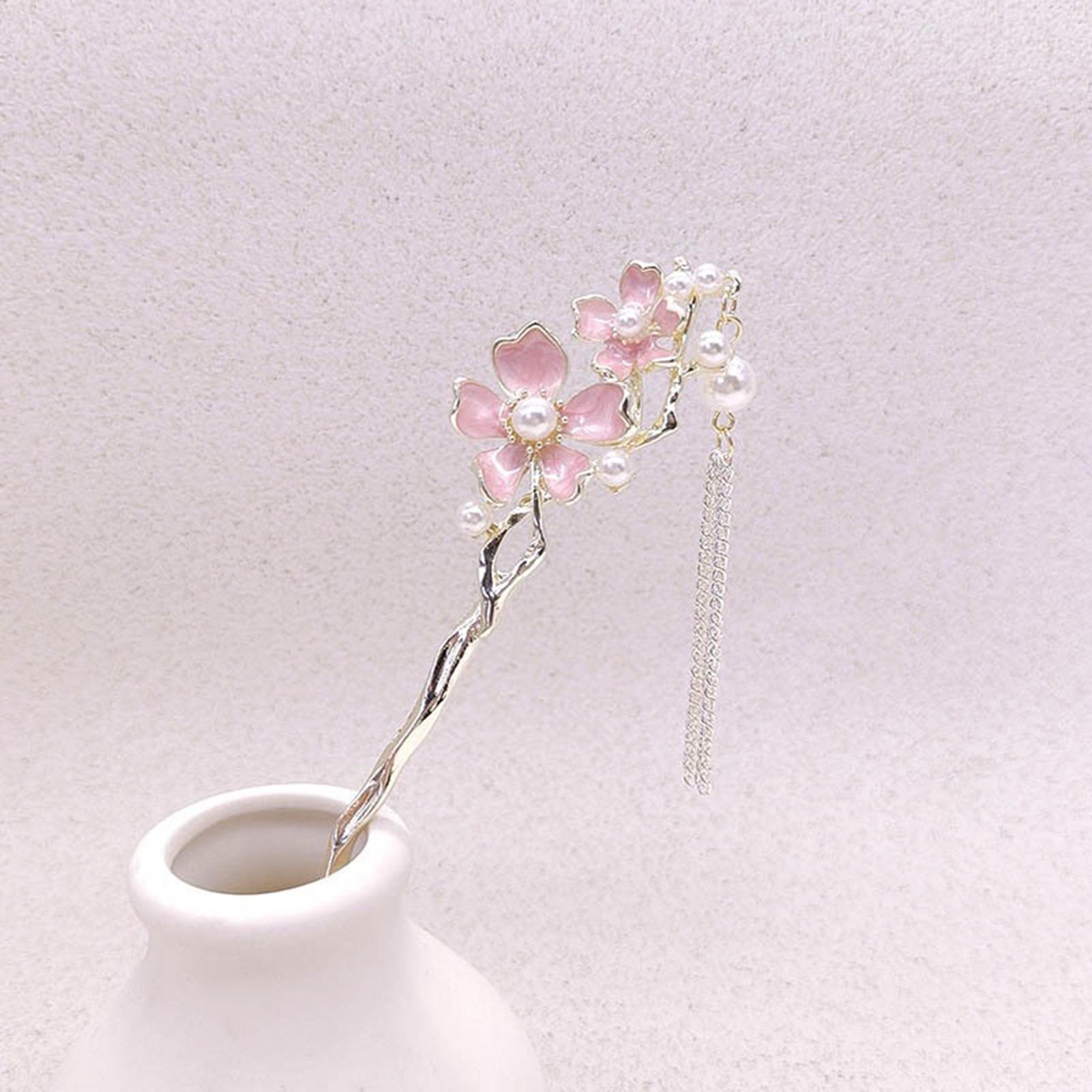 

Retro Chinese Style Hair Sticks Forks Alloy Pink Flower Hairpins Women Girls Hair Bun Maker Jewelry Pearls Chain Tassel Pendant