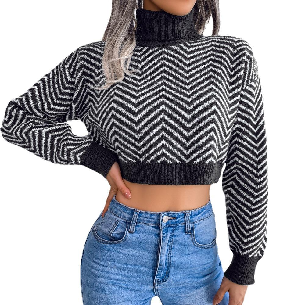 Women's High Neck Long Sleeve Stripe Open Navel Sweater Autumn Winter Casual Knitted Top