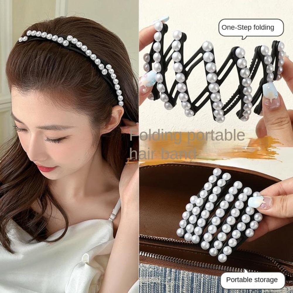 Waterproof Foldable Pearl Headband Plastic Portable Hair Band Retractable Hair Hoop Women
