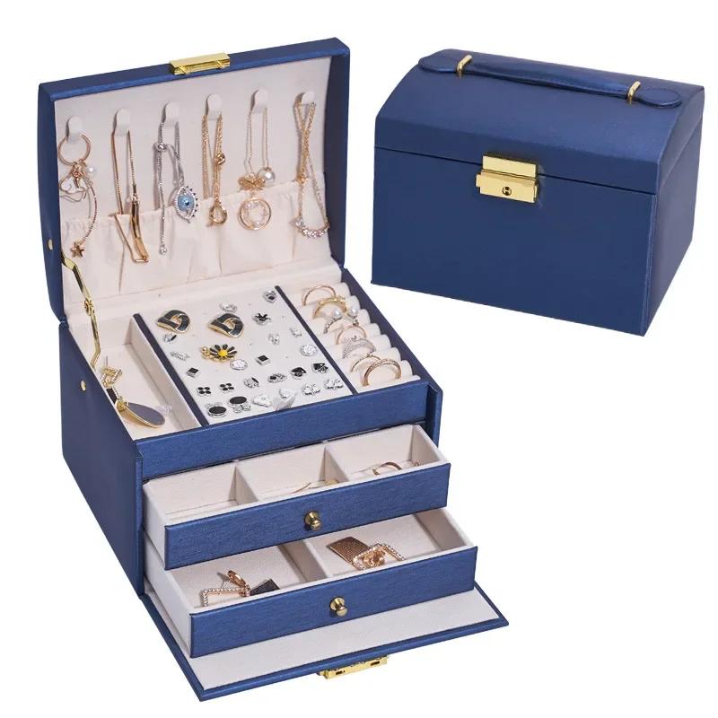 Portable Jewelry Box Handheld PU Leather Drawer Three-Layer Storage Simple Design Jewelry Case Cosmetic Box