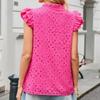 Women European Style Casual Summer Hollow Out Embroidery Flounce Sleeve V Neck Shirt
